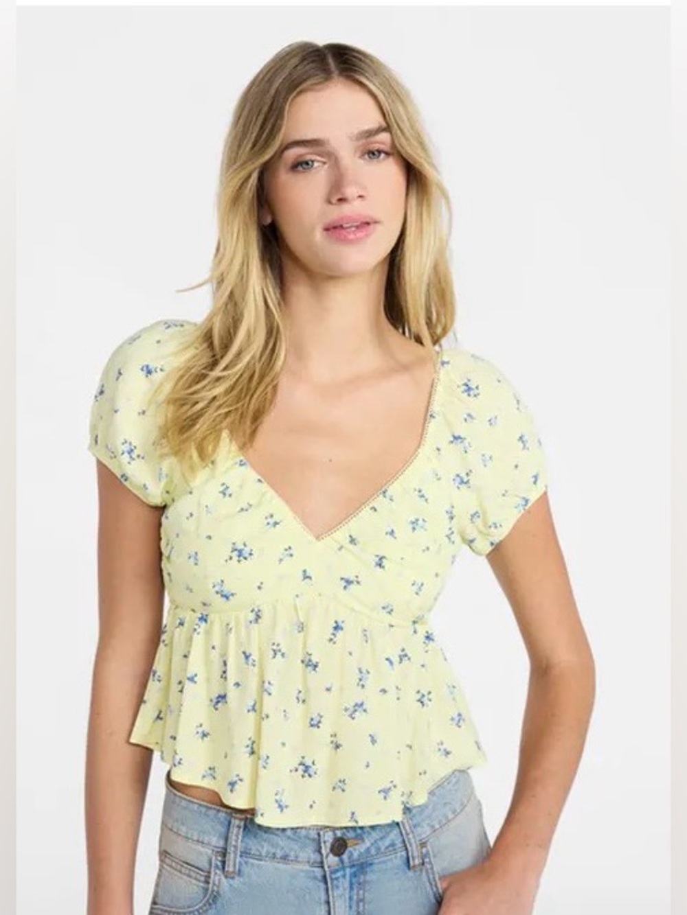 No Boundaries Yellow Breeze Combo Blue Floral Peplum Picot Trim Babydoll Top